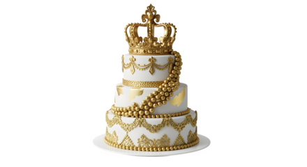 Birthday cake with edible gold crown topper, isolated on white background