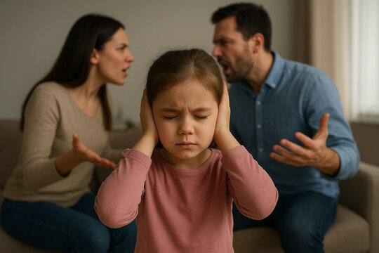 little girl covers her ears because her parents are arguing