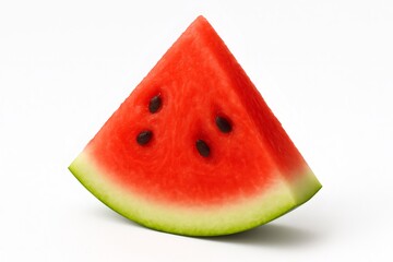 Ripe red watermelon slice resting on a clean white background, showcasing its refreshing texture and dark seeds