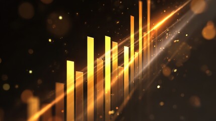 Futuristic chart background with glowing golden bars, abstract light effects, digital data visualization, modern technology, and dynamic energy for business or finance concepts