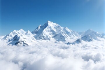 Majestic snow-capped mountains rise above the clouds under a clear blue sky.