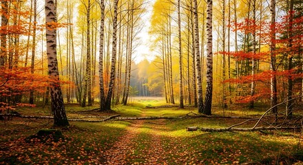 Fototapeta premium Autumn Birch Forest Path.