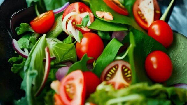 A fresh salad with tomatoes, greens, and vegetables in a black bowl held by a person symbolizes healthy eating and an active lifestyle. It is useful for culinary blogs, articles about proper nutrition