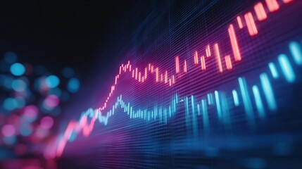 Futuristic glowing stock exchange board with digital graph blue and red candlestick chart financial data abstract background technology investment dynamic modern energetic