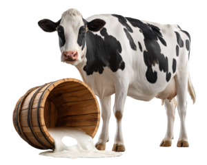 Cow standing beside overturned wooden bucket with spilled milk isolated on transparency background farm animal dairy concept rustic scene natural fresh rural realistic calm mood