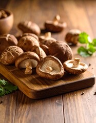 Fototapeta premium Fresh Shiitake mushroom in white background, aesthetic mushroom product, healthy food, slicing shiitake mushroom 