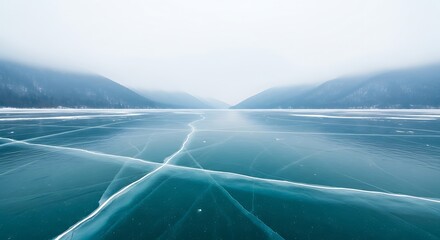 Frozen Lake Baikal's Cracked Ice Surface with Distant Mountains in Winter Haze