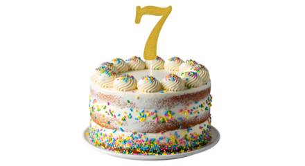 Birthday cake with number topper in glitter, isolated on white background