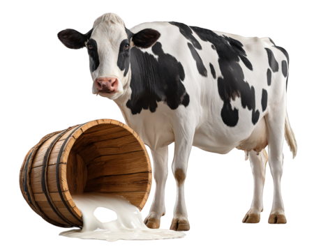 Cow standing beside overturned wooden bucket with spilled milk isolated on transparency background farm animal dairy concept rustic scene natural fresh rural realistic calm mood