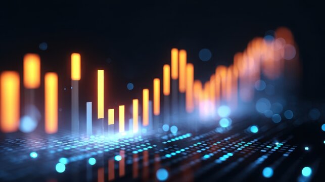 Futuristic glowing stock exchange board digital financial chart abstract data visualization orange blue color technology finance modern investment growth dynamic