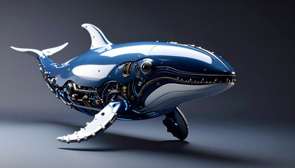 A beautifully designed robotic Orca whale, showcasing a fusion of nature and technology. The sleek metallic body reflects the light, highlighting the intricate details of its mechanical components