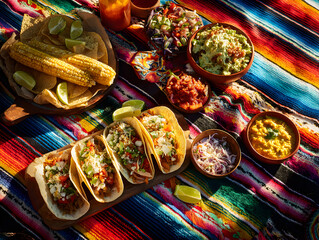Fototapeta premium Vibrant Mexican Fiesta: Tacos, Corn, Guacamole, and Salsas on Colorful Serape Blanket