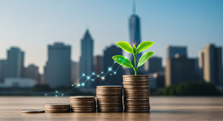 Financial Growth Concept with Coins and Plant, Investment and Business Success
