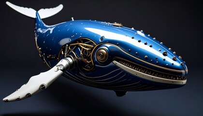 A mesmerizing depiction of a robotic whale, meticulously crafted with intricate mechanical details and a sleek, reflective metallic finish