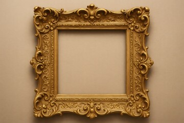 Empty golden baroque frame hanging on a beige wall, ideal for displaying artwork or photographs
