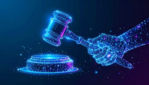 Digital justice, with the symbol of a gavel resting on a pedestal, a striking visual representation of law and technology