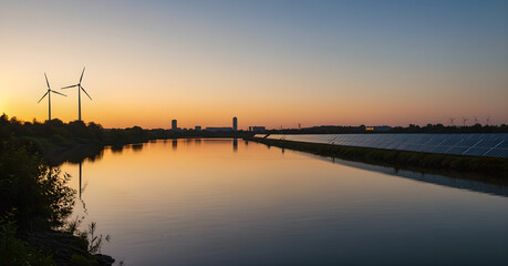 Sunset over tranquil waters, showcasing renewable energy solutions like solar panels and wind turbines