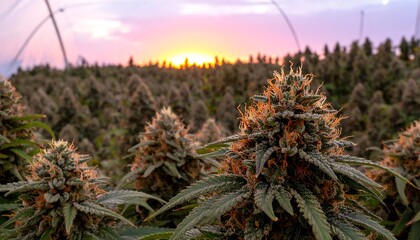 Cannabis plants at sunset in a greenhouse
