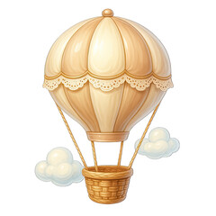 Vintage hot air balloon with wicker basket and clouds