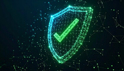 A digital shield with a checkmark symbol, symbolizing security and protection in a digital landscape. The design features glowing lines and dots, representing a network
