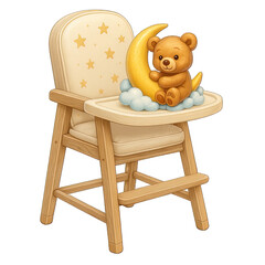 Cute teddy bear sitting on moon with clouds on baby chair