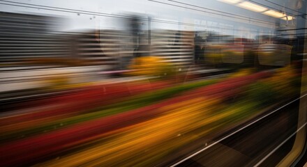 Photo of abstract motion blur captures the streaks of colorful lights and blurred buildings from a train window, conveying speed and the passage of time during travel