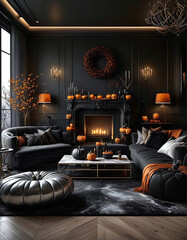 Modern dining room interior design with black and orange sofa and luxurious lighting. Halloween image. Jack-o'-lantern.黒色とオレンジを基調としたソファと豪華な照明があるモダンなダイニングルームのインテリアデザイン。ハロウィンのイメージ。ジャックオランタン。