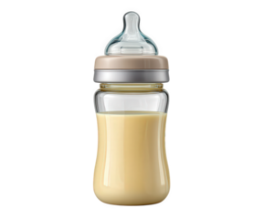 Baby bottle filled with milk, transparent plastic container, silicone nipple, beige cap, newborn feeding essential, isolated on transparency background, photorealistic style