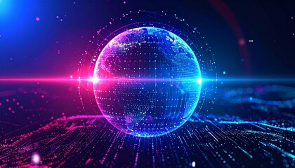 An eye-catching digital rendering of a planet Earth illuminated by vibrant blue and pink light