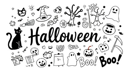 Hand drawn halloween doodle art with spooky characters and symbols