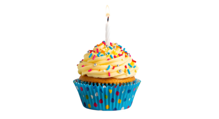 Birthday cupcake with lit candle, isolated on white background