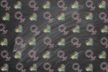 Chalk artwork featuring gender symbols and rainbow hearts on a blackboard.