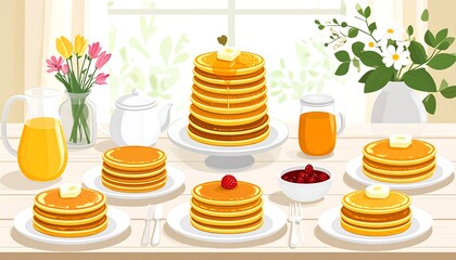 Stacked pancakes on a breakfast table