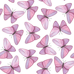 Seamless pattern with delicate flying lilac butterflies. Watercolor hand painted illustration. Isolated element on a white background. For textiles, wallpaper, fabrics, packaging, decoration.