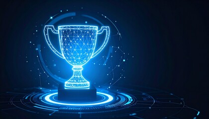 A stunning 3D rendering of a trophy in a futuristic digital environment. The trophy is glowing blue, symbolizing achievement in the digital age