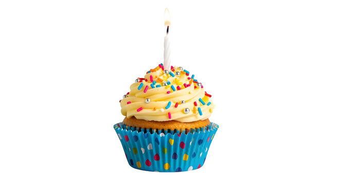 Birthday cupcake with lit candle, isolated on white background