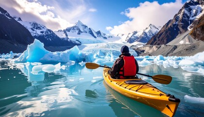 A person is kayaking in a pristine glacial lake. The landscape features icy waters, mountains, and an azure sky, offering a sense of adventure and natural beauty