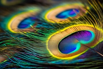 Naklejka premium Close-up of Vibrant Peacock Feathers Displaying Iridescent Patterns