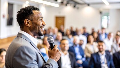 A speaker, a presenter, and a motivated audience in an engaging conference room. The speaker is filled with confidence and passion