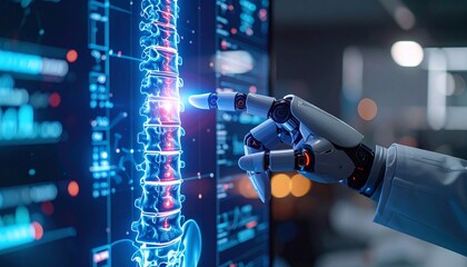 A robot's hand interacting with a futuristic digital spinal analysis display. The scene highlights technological advancements in medical science