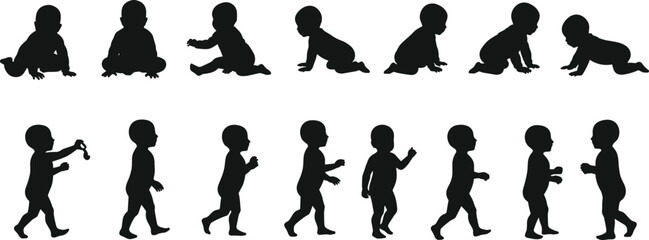 Baby milestone silhouette SVG bundle, crawling to walking baby clipart, infant development vector, newborn to toddler outline for crafts