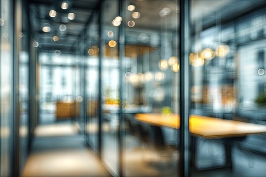 Modern Office Interior with Glass Walls and Blurred Perspective.