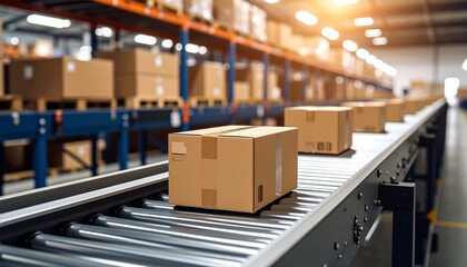 Cardboard boxes moving on a conveyor belt in a warehouse, representing the modern day logistics and supply chain