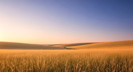 Fototapeta premium Golden Fields Under a Gradual Sky: Serene Landscape at Sunset