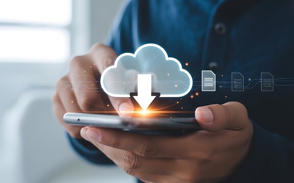 Cloud computing and digital data transfer with a person using a smartphone, representing online storage, file sharing, and connectivity through mobile technology