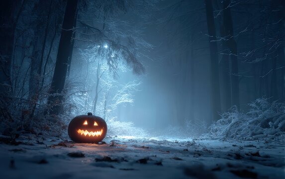 A pumpkin with a scary face is sitting in the snow in a forest
