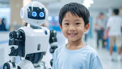 A young boy poses happily with a friendly looking robot, embracing the exciting future of technology
