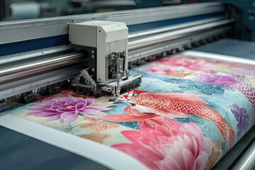 Large format printer printing colorful floral pattern on fabric.