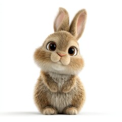Fototapeta premium A cute rabbit with big eyes and a fluffy tail is sitting on a white background