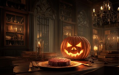 Obraz premium A scary Halloween scene with a pumpkin and a steak on a plate